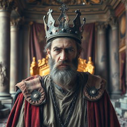 A once mighty king standing in the shadows of his fallen kingdom, wearing tattered and worn royal attire that symbolizes the collapse of his reign