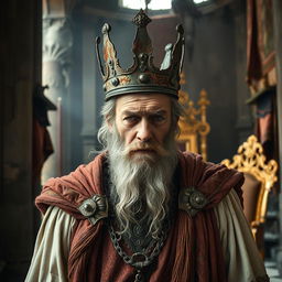 A once mighty king standing in the shadows of his fallen kingdom, wearing tattered and worn royal attire that symbolizes the collapse of his reign