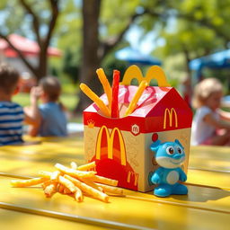 A vibrant and playful scene featuring a McDonald's Happy Meal box, colorful fries peeking out, and a fun toy next to it