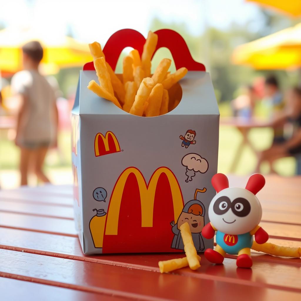 A vibrant and playful scene featuring a McDonald's Happy Meal box, colorful fries peeking out, and a fun toy next to it