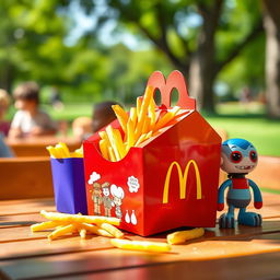 A vibrant and playful scene featuring a McDonald's Happy Meal box, colorful fries peeking out, and a fun toy next to it
