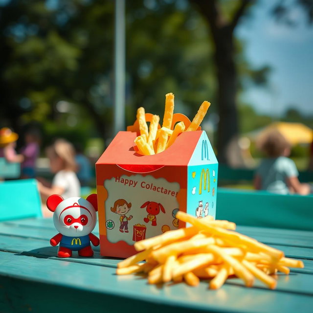 A vibrant and playful scene featuring a McDonald's Happy Meal box, colorful fries peeking out, and a fun toy next to it