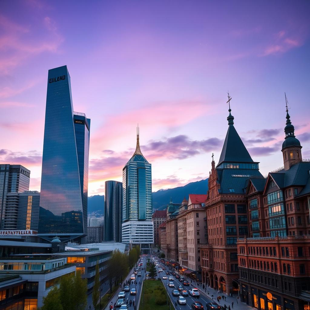 A stunning skyline view showcasing modern skyscrapers in Switzerland (Elveția) and Romania, blending architectural styles from both countries