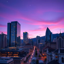 A stunning skyline view showcasing modern skyscrapers in Switzerland (Elveția) and Romania, blending architectural styles from both countries