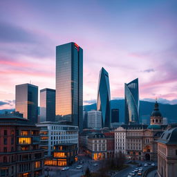 A stunning skyline view showcasing modern skyscrapers in Switzerland (Elveția) and Romania, blending architectural styles from both countries