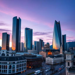 A stunning skyline view showcasing modern skyscrapers in Switzerland (Elveția) and Romania, blending architectural styles from both countries