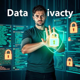 An empowering visual on data privacy featuring a person confidently standing in front of multiple glowing digital screens filled with data streams, representing control and security