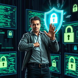 An empowering visual on data privacy featuring a person confidently standing in front of multiple glowing digital screens filled with data streams, representing control and security