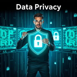 An empowering visual on data privacy featuring a person confidently standing in front of multiple glowing digital screens filled with data streams, representing control and security