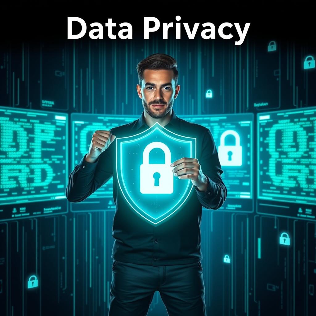 An empowering visual on data privacy featuring a person confidently standing in front of multiple glowing digital screens filled with data streams, representing control and security