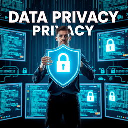 An empowering visual on data privacy featuring a person confidently standing in front of multiple glowing digital screens filled with data streams, representing control and security
