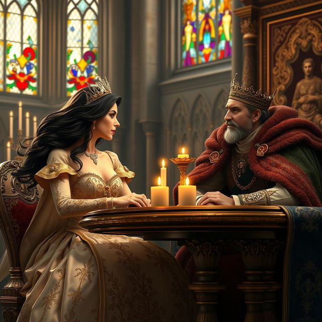 A majestic scene of a queen and a king engaged in a royal conversation