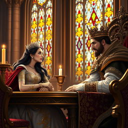 A majestic scene of a queen and a king engaged in a royal conversation