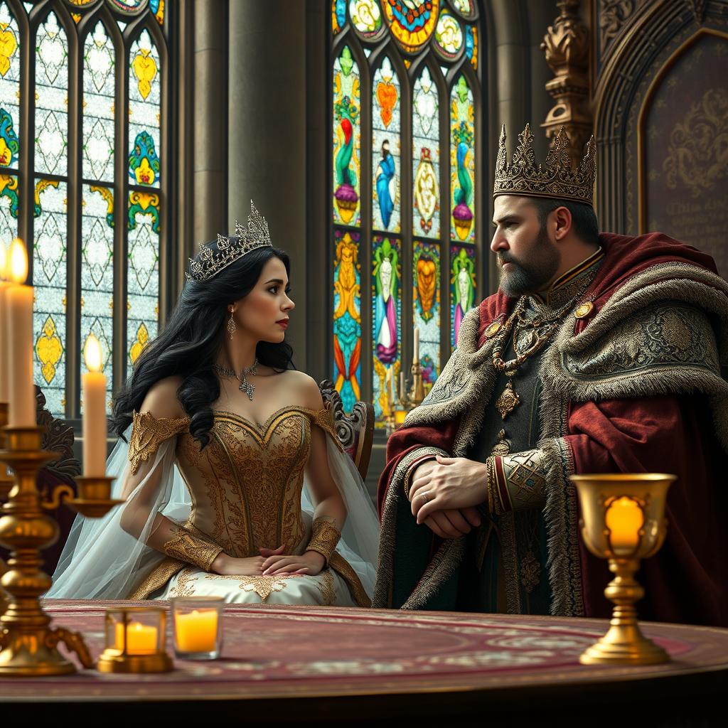 A majestic scene of a queen and a king engaged in a royal conversation