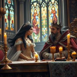 A majestic scene of a queen and a king engaged in a royal conversation