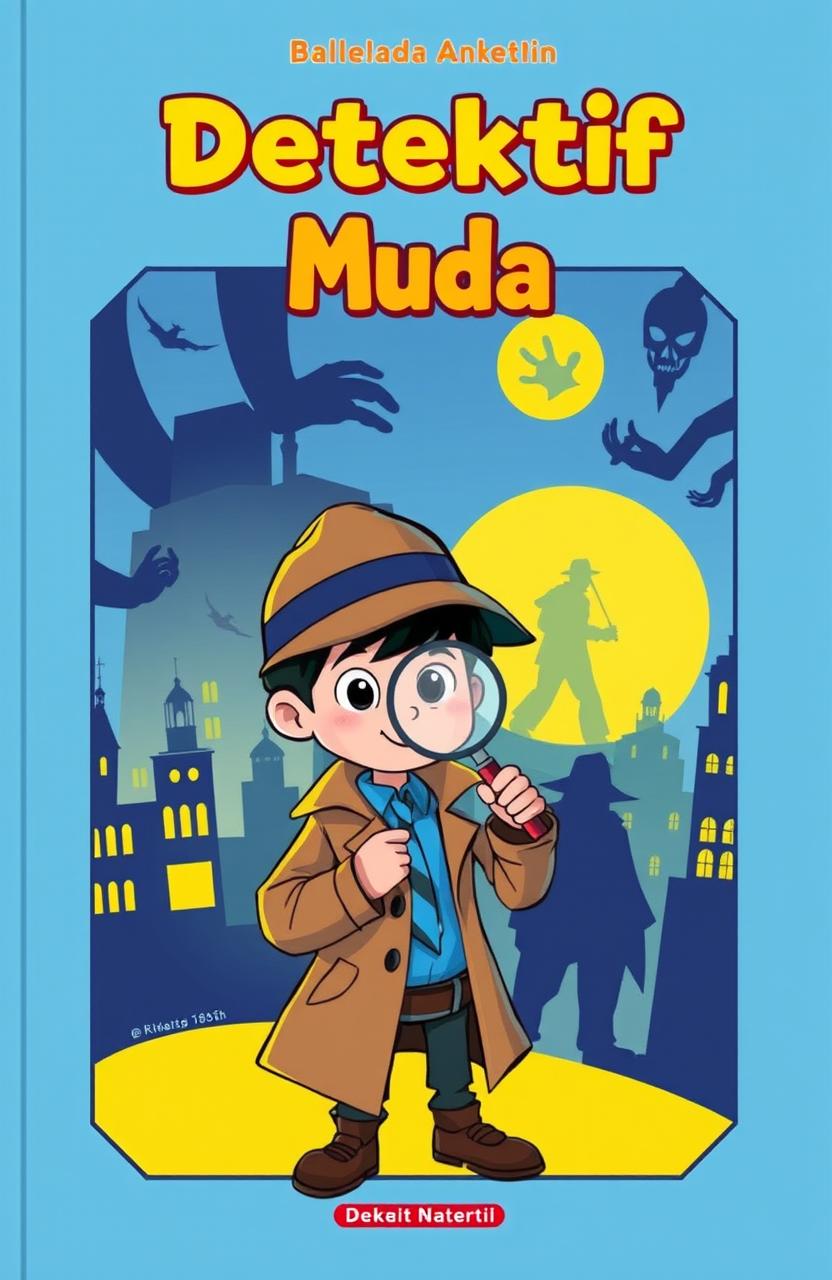 A whimsical and adventurous cover for a youth detective novel titled 'Detektif Muda'