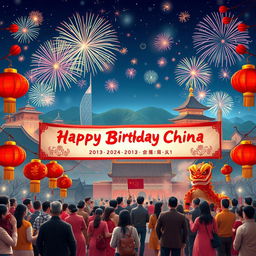 A celebratory scene depicting a vibrant 'Happy Birthday China' banner set against a backdrop of iconic Chinese landmarks, such as the Great Wall, the Forbidden City, and colorful fireworks illuminating the night sky