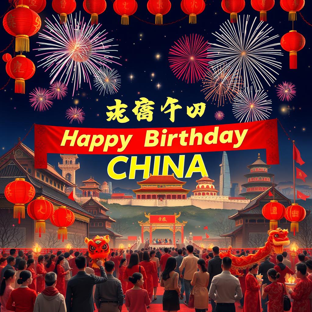 A celebratory scene depicting a vibrant 'Happy Birthday China' banner set against a backdrop of iconic Chinese landmarks, such as the Great Wall, the Forbidden City, and colorful fireworks illuminating the night sky