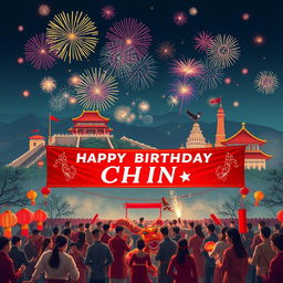 A celebratory scene depicting a vibrant 'Happy Birthday China' banner set against a backdrop of iconic Chinese landmarks, such as the Great Wall, the Forbidden City, and colorful fireworks illuminating the night sky
