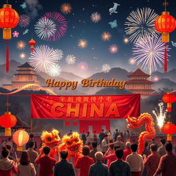 A celebratory scene depicting a vibrant 'Happy Birthday China' banner set against a backdrop of iconic Chinese landmarks, such as the Great Wall, the Forbidden City, and colorful fireworks illuminating the night sky