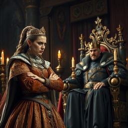 A dramatic scene of an angry queen confronting her king in a lavish medieval throne room