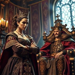 A dramatic scene of an angry queen confronting her king in a lavish medieval throne room