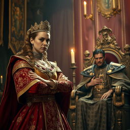 A dramatic scene of an angry queen confronting her king in a lavish medieval throne room