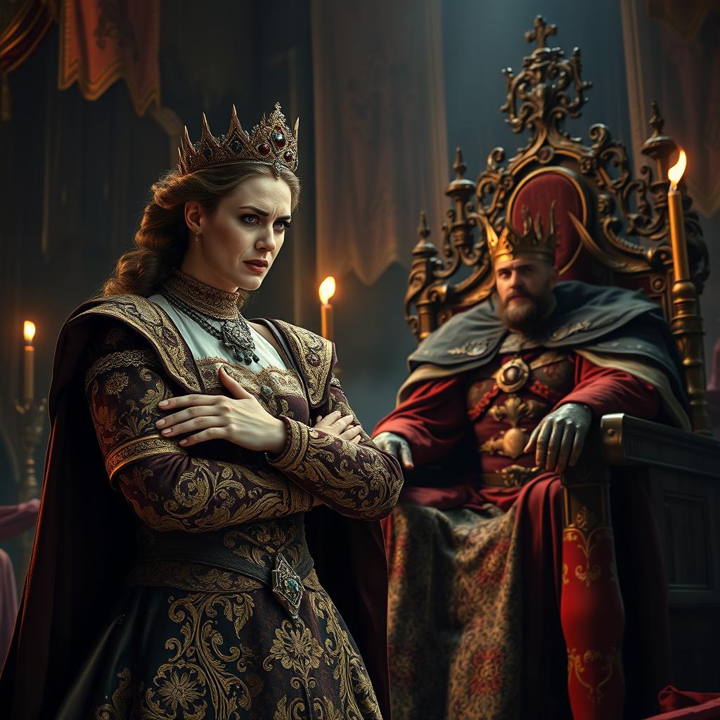 A dramatic scene of an angry queen confronting her king in a lavish medieval throne room