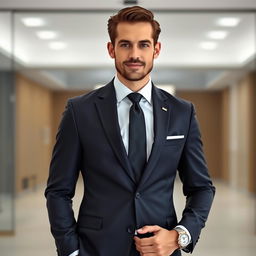 A well-dressed man in a tailored dark suit with a crisp white shirt and an elegant tie, standing confidently against a minimalist modern office backdrop