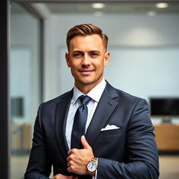 A well-dressed man in a tailored dark suit with a crisp white shirt and an elegant tie, standing confidently against a minimalist modern office backdrop