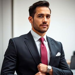 A well-dressed man in a tailored dark suit with a crisp white shirt and an elegant tie, standing confidently against a minimalist modern office backdrop