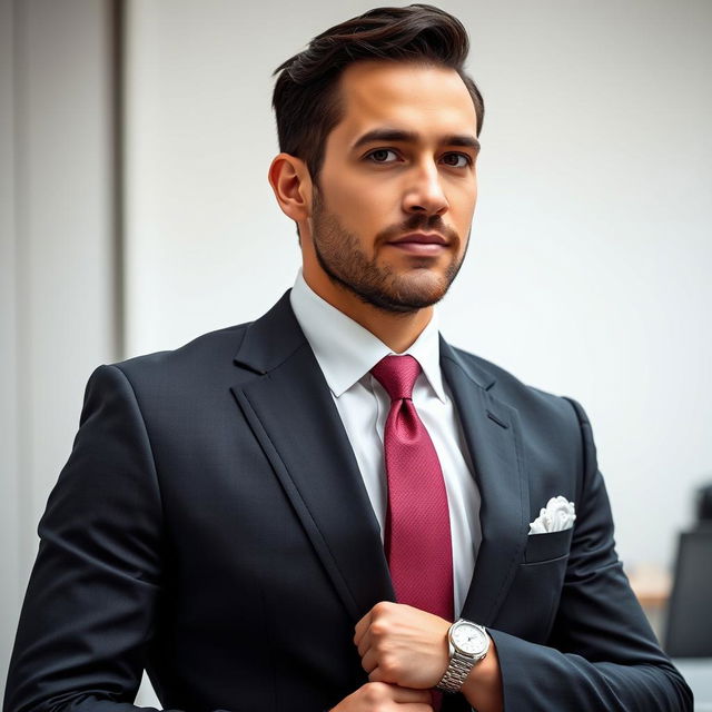 A well-dressed man in a tailored dark suit with a crisp white shirt and an elegant tie, standing confidently against a minimalist modern office backdrop