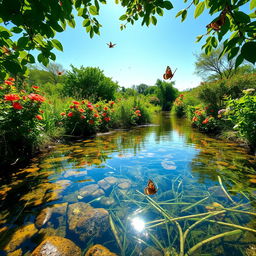 A beautifully serene landscape showcasing a once muddy area transformed into a crystal-clear oasis