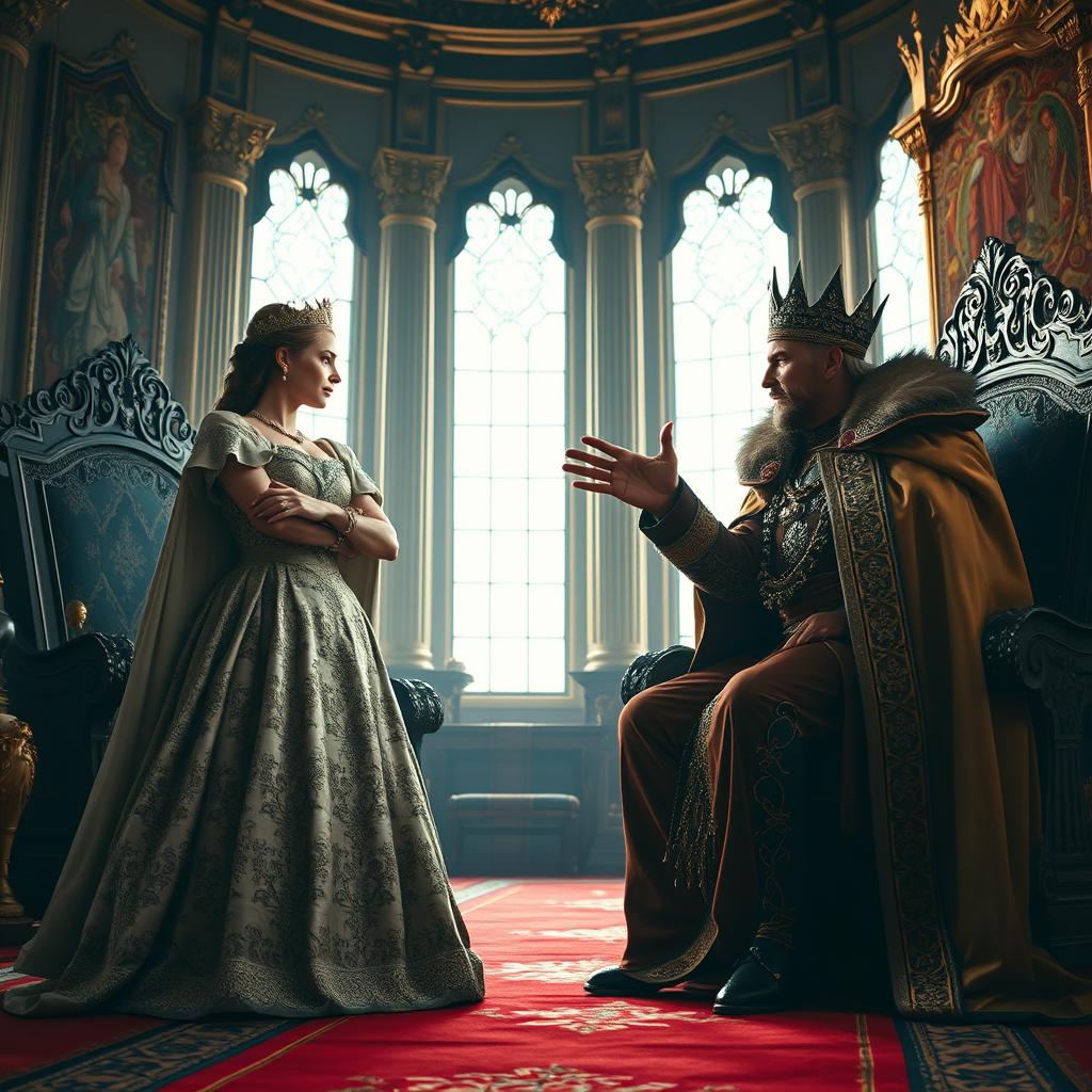 A dramatic scene depicting a queen and a king in an intense conversation, their expressions revealing tension and power dynamics