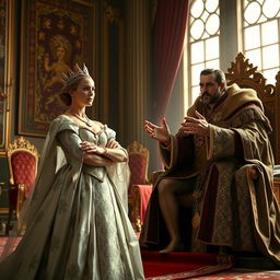 A dramatic scene depicting a queen and a king in an intense conversation, their expressions revealing tension and power dynamics
