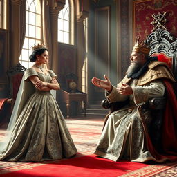 A dramatic scene depicting a queen and a king in an intense conversation, their expressions revealing tension and power dynamics