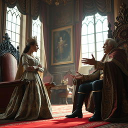 A dramatic scene depicting a queen and a king in an intense conversation, their expressions revealing tension and power dynamics