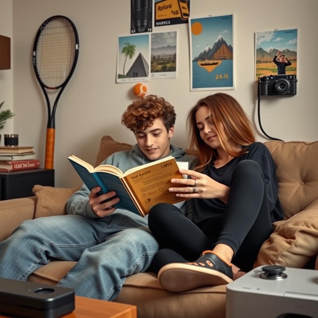 A cozy indoor scene where a young man with curly hair is sitting comfortably on a sofa, engrossed in reading a book while holding a cup of coffee