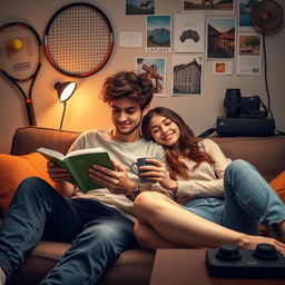 A cozy indoor scene where a young man with curly hair is sitting comfortably on a sofa, engrossed in reading a book while holding a cup of coffee