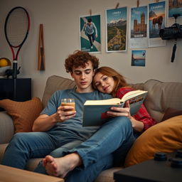A cozy indoor scene where a young man with curly hair is sitting comfortably on a sofa, engrossed in reading a book while holding a cup of coffee