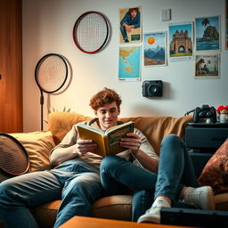 A cozy indoor scene where a young man with curly hair is sitting comfortably on a sofa, engrossed in reading a book while holding a cup of coffee