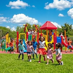 A vibrant playground scene full of bright colors, featuring a variety of playground equipment like swings, slides, and climbing structures