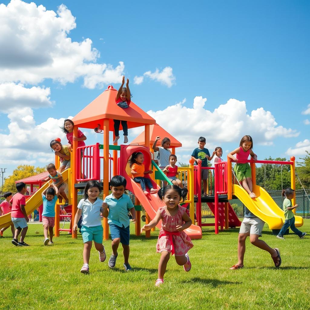 A vibrant playground scene full of bright colors, featuring a variety of playground equipment like swings, slides, and climbing structures