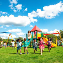 A vibrant playground scene full of bright colors, featuring a variety of playground equipment like swings, slides, and climbing structures