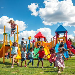 A vibrant playground scene full of bright colors, featuring a variety of playground equipment like swings, slides, and climbing structures