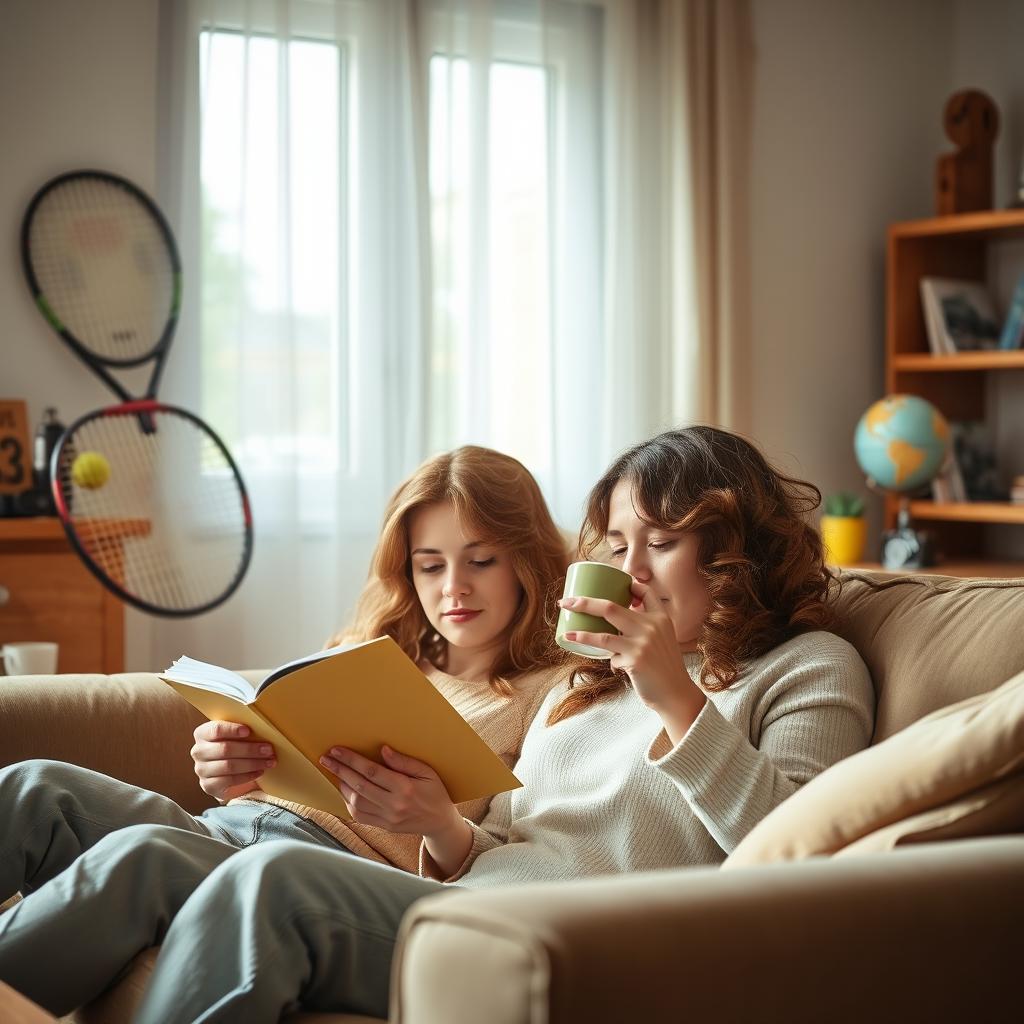 A cozy indoor scene featuring a couple, a person reading a book with beautifully curled hair and sipping coffee, sitting on a comfortable couch