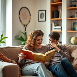 A cozy indoor scene featuring a couple, a person reading a book with beautifully curled hair and sipping coffee, sitting on a comfortable couch