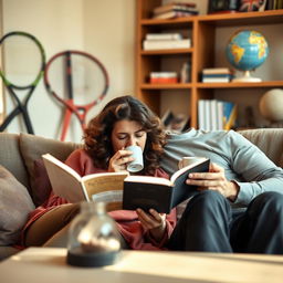 A cozy indoor scene featuring a couple, a person reading a book with beautifully curled hair and sipping coffee, sitting on a comfortable couch