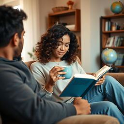 A cozy indoor scene featuring a couple, a person reading a book with beautifully curled hair and sipping coffee, sitting on a comfortable couch