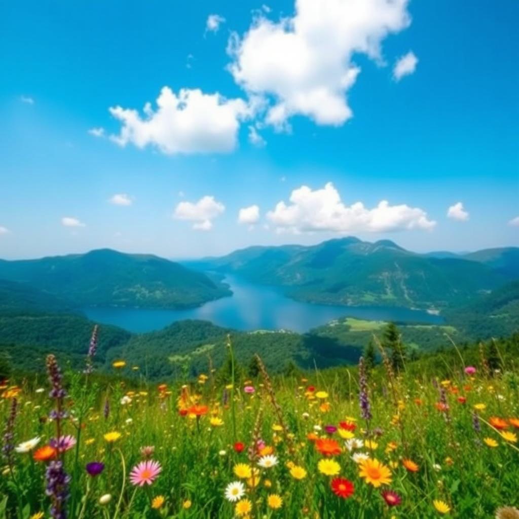 A beautiful landscape view featuring a serene lake surrounded by lush green mountains under a clear blue sky